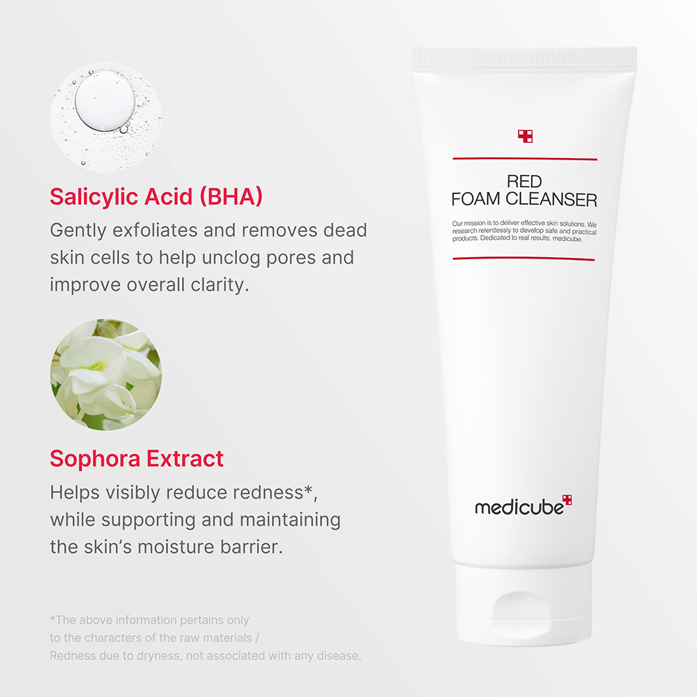 MEDICUBE Red Foam Cleanser - spuma de curatare formulata cu acid salicilic si extract de Sophora Angustifolia, care contribuie la curatarea porilor si la metinerea echilibrului pielii - 120 ml