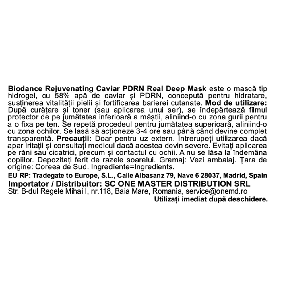 BIODANCE Rejuvenating Caviar PDRN Real Deep Mask, 34 gr - Masca de fata formulata cu apa de caviar si PDRN (Sodium DNA), care contribuie la revitalizarea pielii si la sustinerea refacerii barierei cutanate