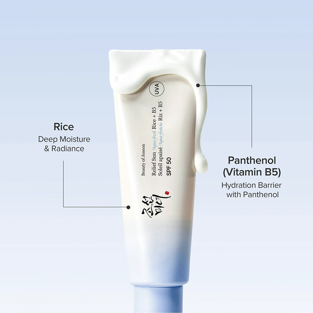 BEAUTY OF JOSEON Relief Sun Aqua-fresh Rice + B5 SPF 50 PA++++ 50 ml - crema de fata formulata cu apa din seminte de orez si pantenol (Vitamina B5), care contribuie la protectia solara si la hidratarea si calmarea pielii, Daily