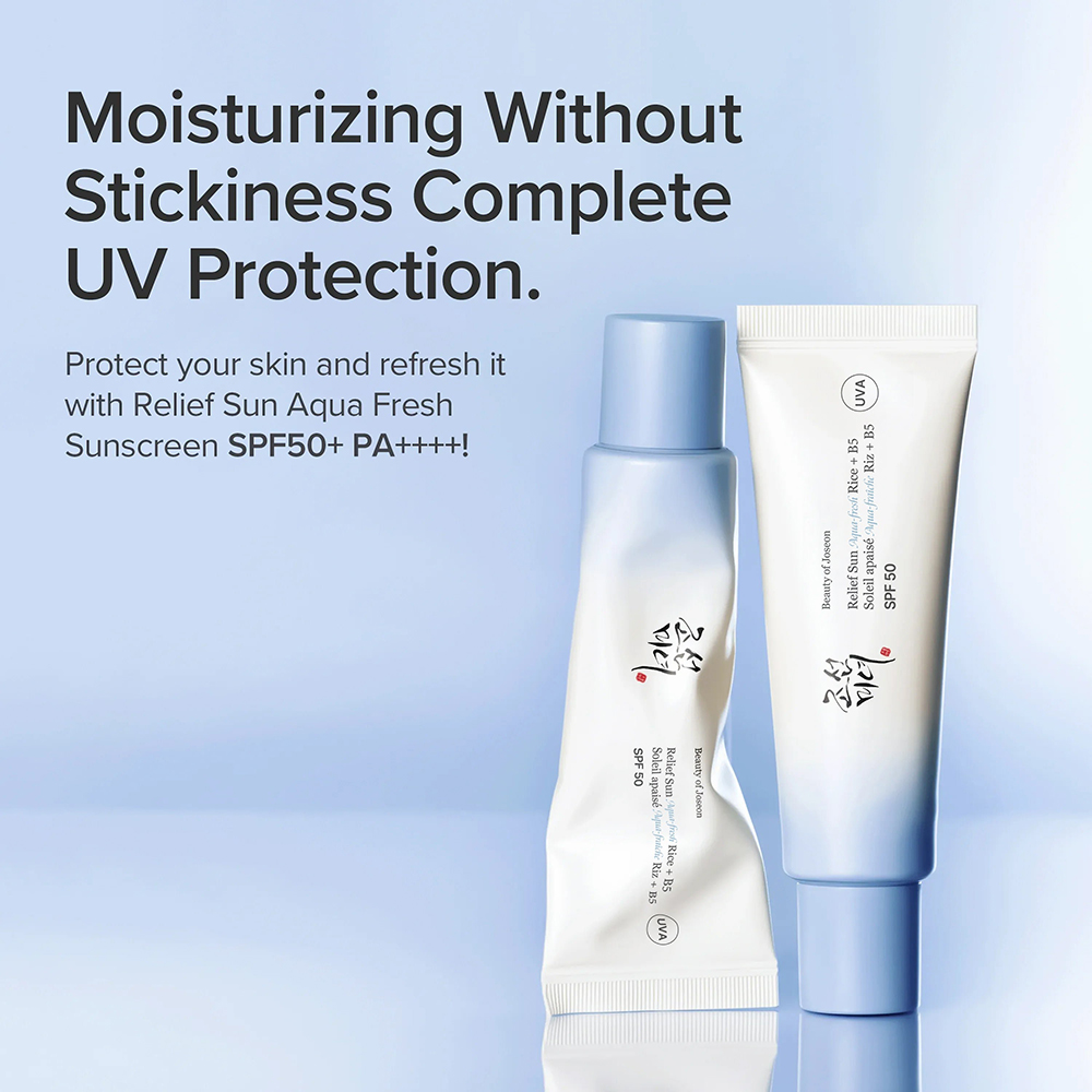 BEAUTY OF JOSEON Relief Sun Aqua-fresh Rice + B5 SPF 50 PA++++ 50 ml - crema de fata formulata cu apa din seminte de orez si pantenol (Vitamina B5), care contribuie la protectia solara si la hidratarea si calmarea pielii, Daily