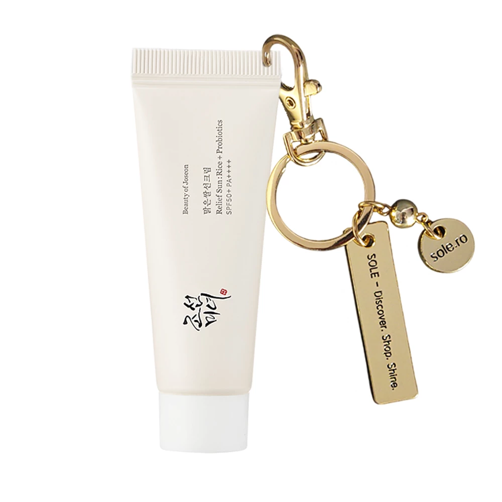 SPF TO GO - Breloc auriu premium + Beauty Of Joseon Relief Sun: Rice + Probiotics SPF50+ PA++++ mini (10 ml) - editie limitata