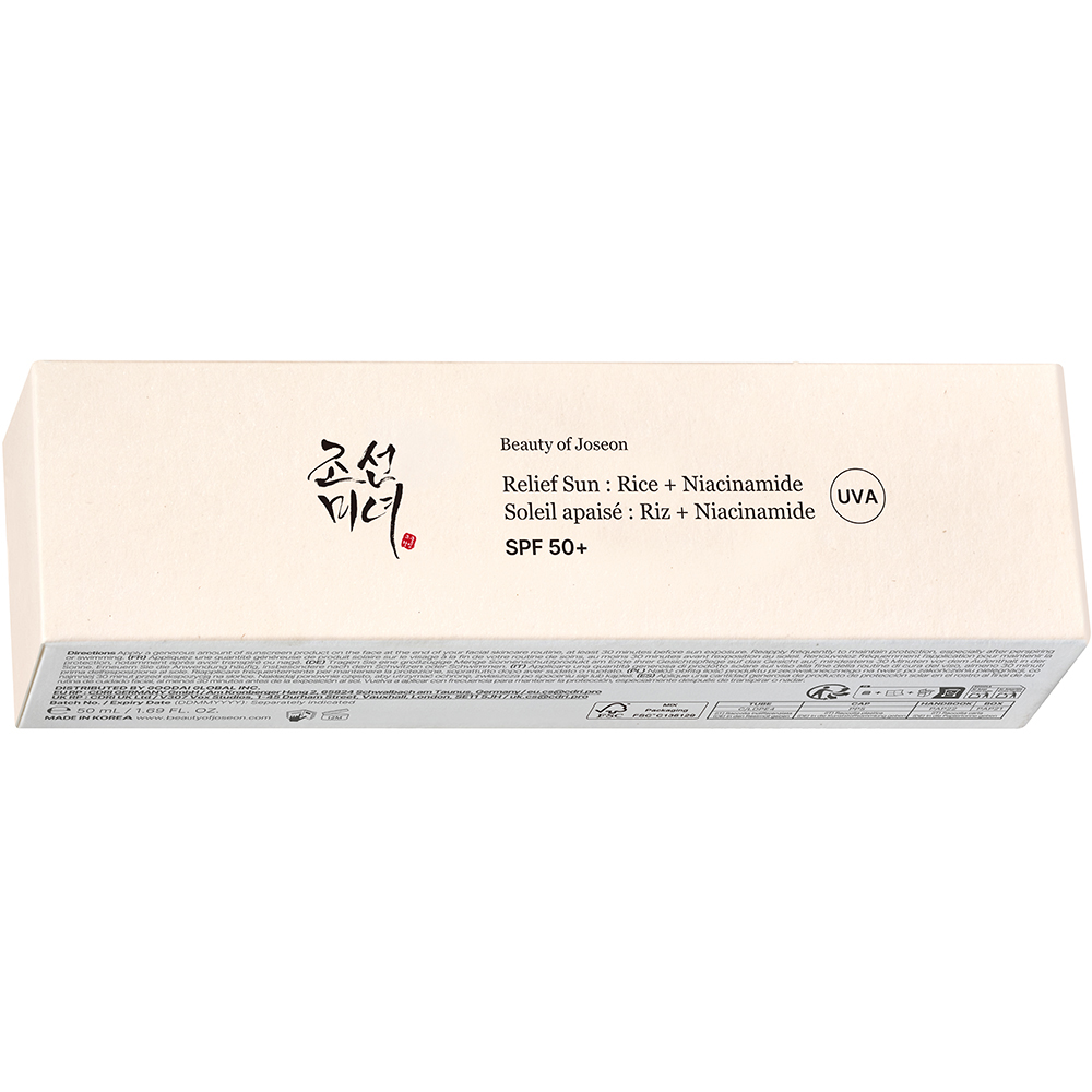 BEAUTY OF JOSEON Relief Sun: Rice + Niacinamide SPF 50+, 50 ml — crema de protectie solara pentru fata formulata cu extract de orez si extracte fermentate din cereale, care contribuie la hidratarea pielii uscate si la calmarea pielii, Daily