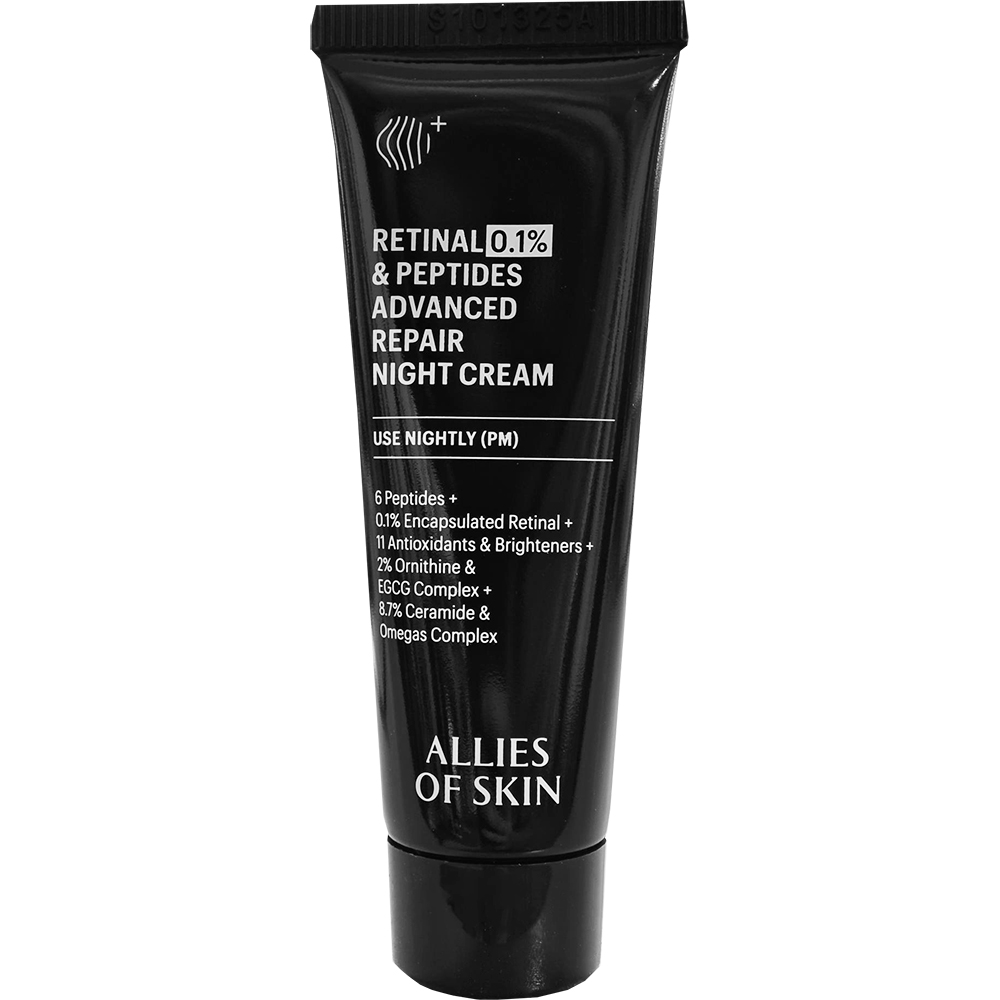 ALLIES OF SKIN Retinal 0.1% and Peptides Advances Repair Night Cream, 20 ml - crema de fata formulata cu retinal 0.1% si complex de peptide, care contribuie la imbunatatirea vizibila a texturii pielii si a semnelor de imbatranire si la metinerea confortului cutanat