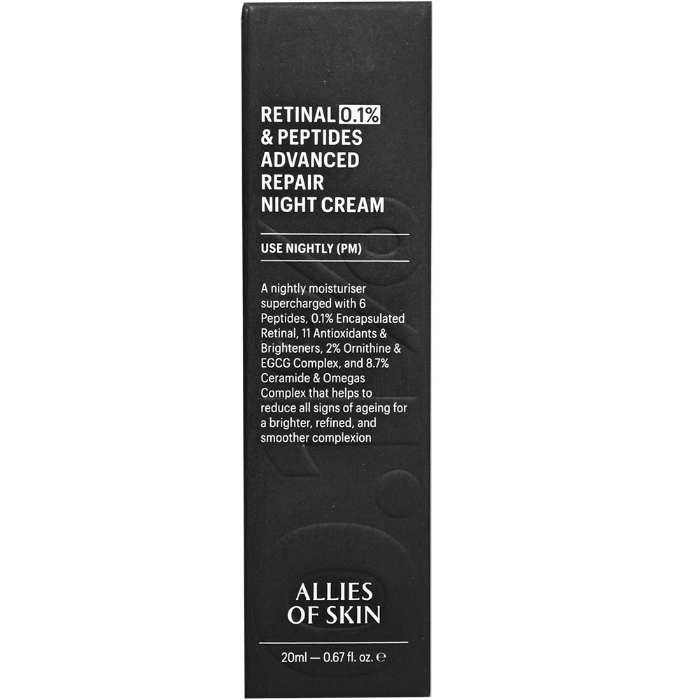 ALLIES OF SKIN Retinal 0.1% and Peptides Advances Repair Night Cream, 20 ml - crema de fata formulata cu retinal 0.1% si complex de peptide, care contribuie la imbunatatirea vizibila a texturii pielii si a semnelor de imbatranire si la metinerea confortului cutanat