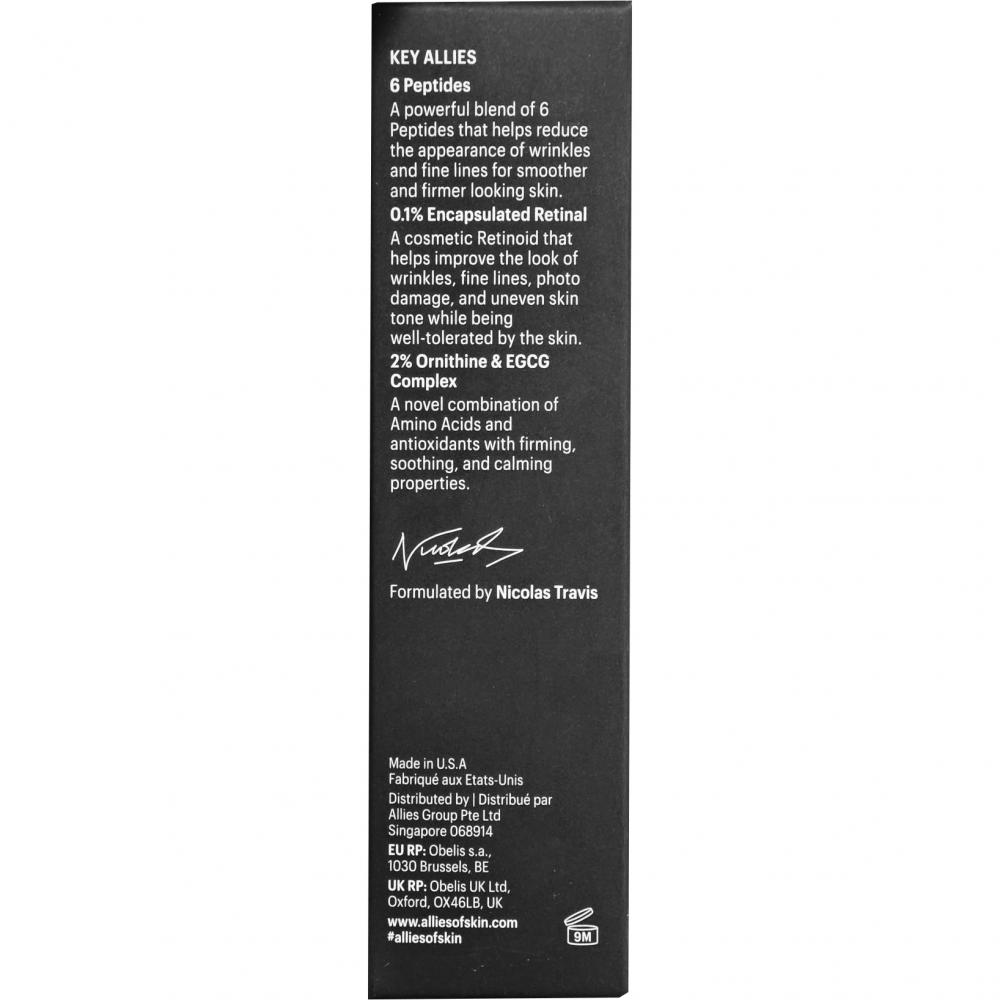 ALLIES OF SKIN Retinal 0.1% and Peptides Advances Repair Night Cream, 20 ml - crema de fata formulata cu retinal 0.1% si complex de peptide, care contribuie la imbunatatirea vizibila a texturii pielii si a semnelor de imbatranire si la metinerea confortului cutanat