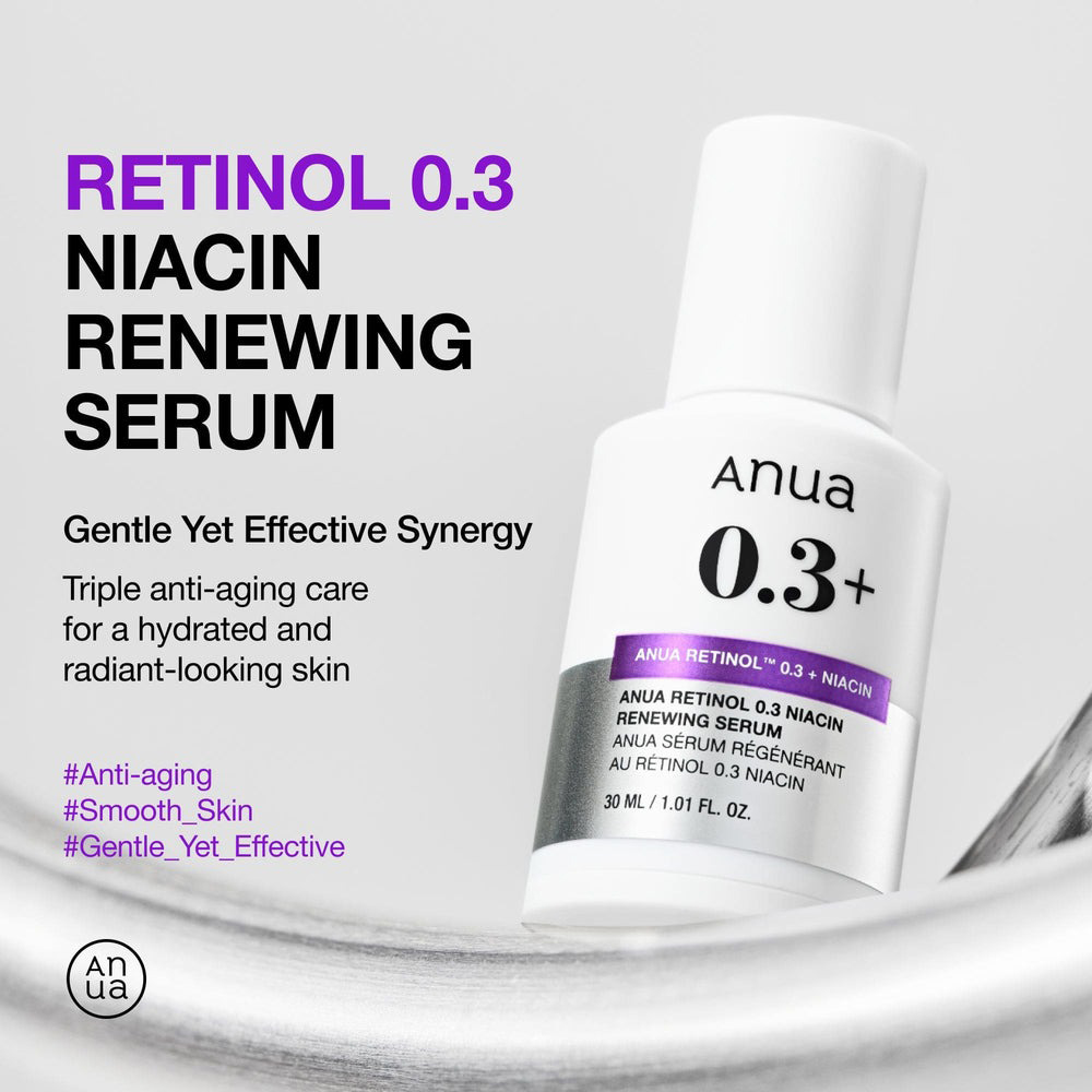 ANUA Retinol 0.3% + Niacin Renewing, 30 ml - ser de fata formulat cu retinol 0.3% si niacinamida 5%, care contribuie la imbunatatirea texturii si tonusului pielii si la uniformizarea tonului pielii si la reducerea hiperpigmentarii
