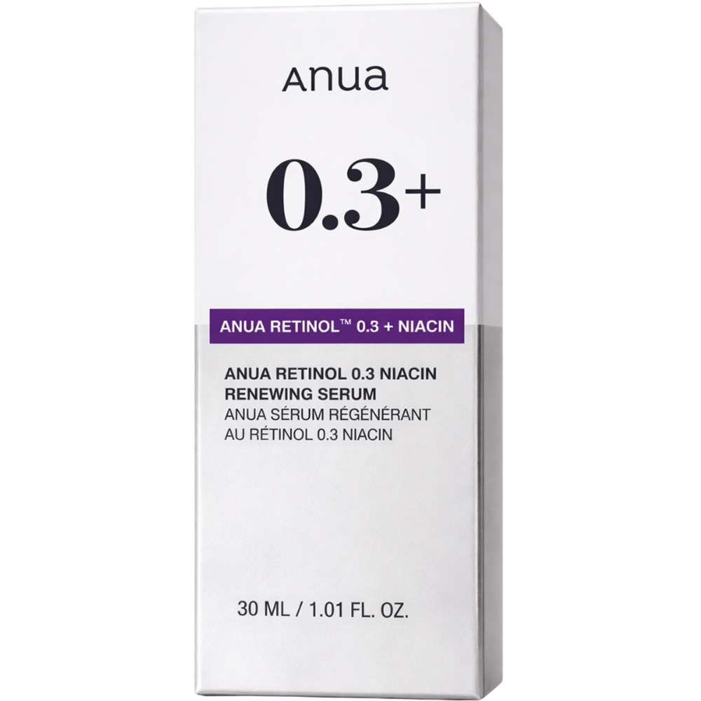 ANUA Retinol 0.3% + Niacin Renewing, 30 ml - ser de fata formulat cu retinol 0.3% si niacinamida 5%, care contribuie la imbunatatirea texturii si tonusului pielii si la uniformizarea tonului pielii si la reducerea hiperpigmentarii