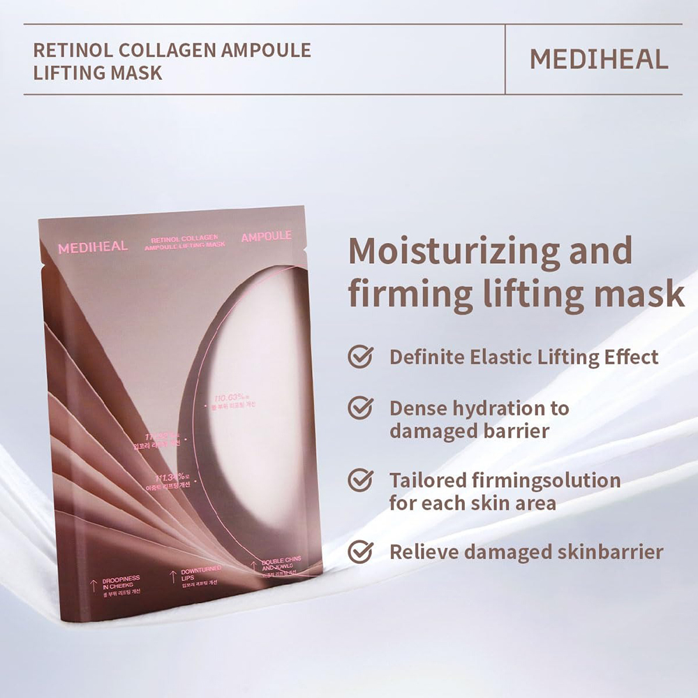 MEDIHEAL Retinol Collagen Ampoule Lifting Sheet Mask - masca de fata tip servetel formulata cu retinol si colagen, care contribuie la hidratarea pielii si la imbunatatirea aspectului ridurilor - 30 ml