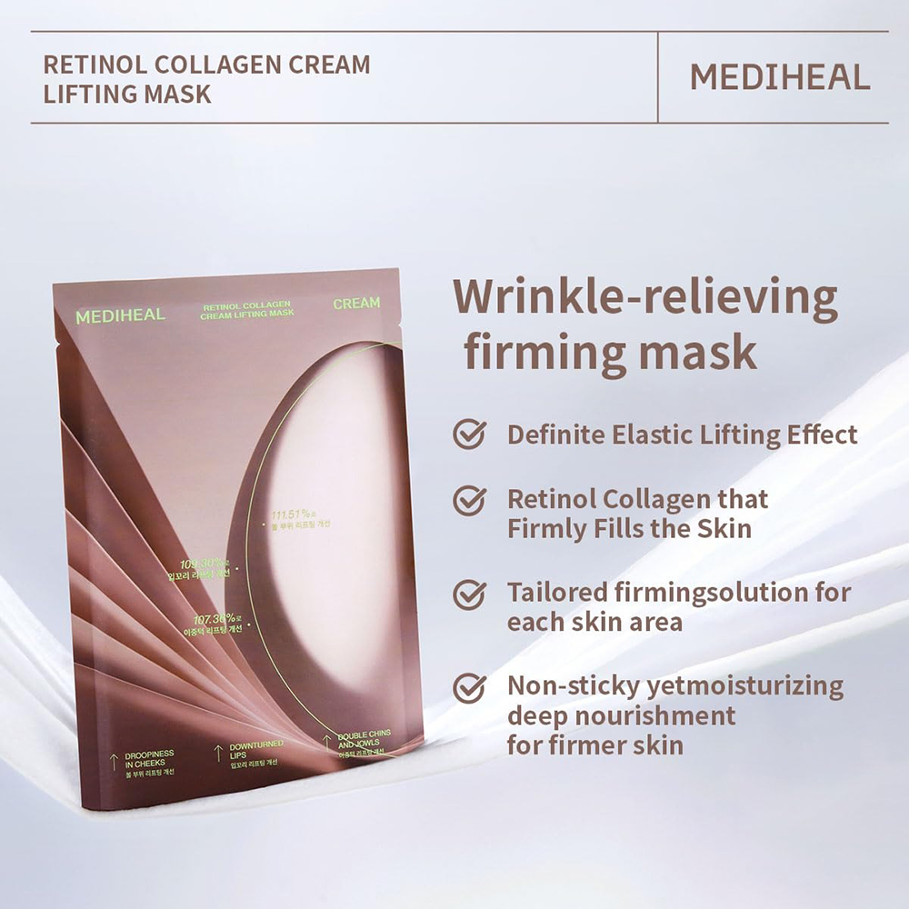 MEDIHEAL Retinol Collagen Cream Lifting Sheet Mask - masca de fata tip servetel formulata cu retinol si colagen hidrolizat, care contribuie la imbunatatirea aspectului fermitatii pielii si la netezirea ridurilor - 30 ml