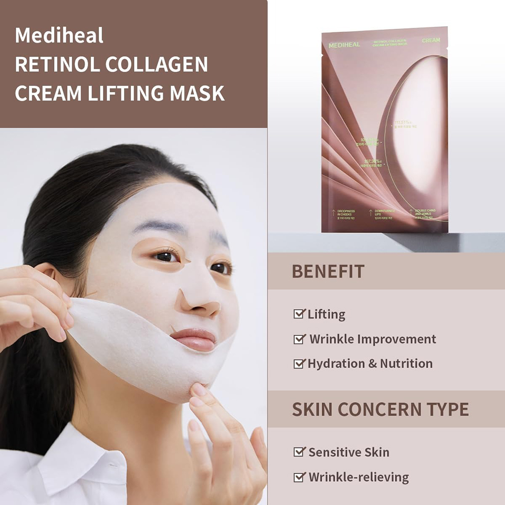 MEDIHEAL Retinol Collagen Cream Lifting Sheet Mask - masca de fata tip servetel formulata cu retinol si colagen hidrolizat, care contribuie la imbunatatirea aspectului fermitatii pielii si la netezirea ridurilor - 30 ml