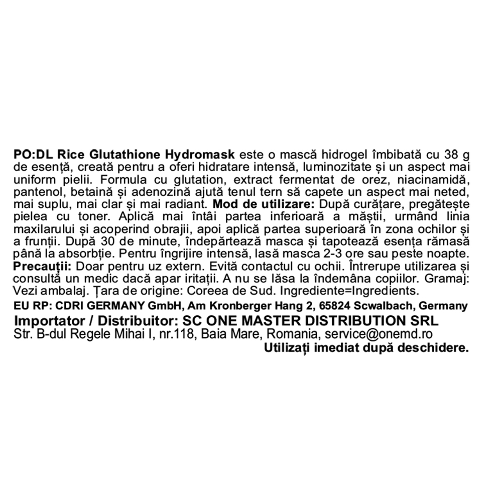 PODL Rice Glutathione Hydromask, 38 gr - Masca de fata formulata cu glutation si niacinamida, care contribuie la hidratarea pielii si la mentinerea luminozitatii tenului