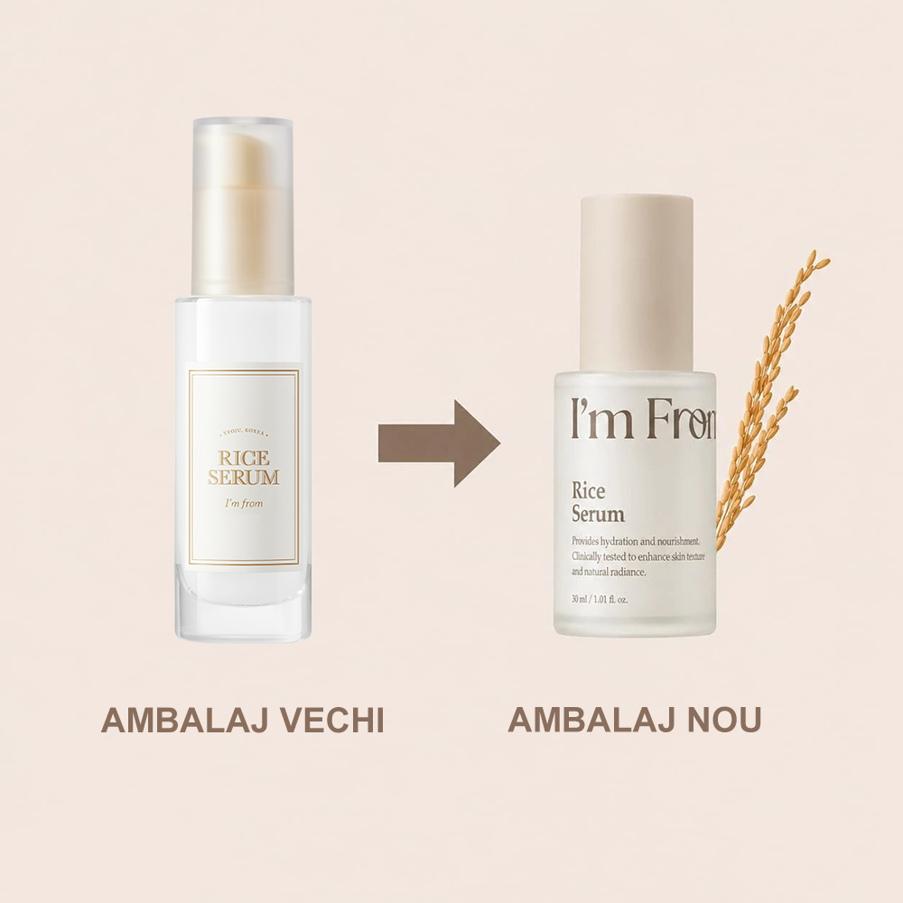 I'M FROM Rice Serum - ser de fata formulat cu extract de ferment de germeni de orez si niacinamida, care contribuie la mentinerea pielii luminoase si la metinerea tenului curat - 30 ml