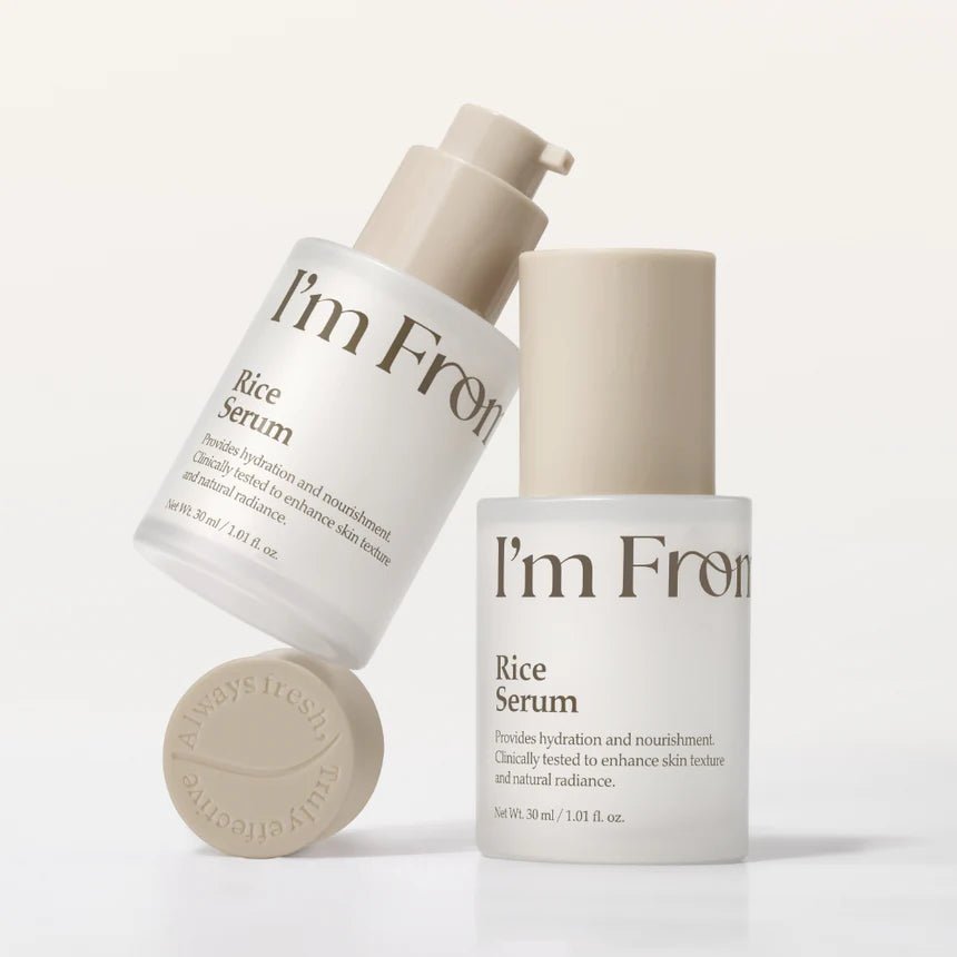I'M FROM Rice Serum - ser de fata formulat cu extract de ferment de germeni de orez si niacinamida, care contribuie la mentinerea pielii luminoase si la metinerea tenului curat - 30 ml