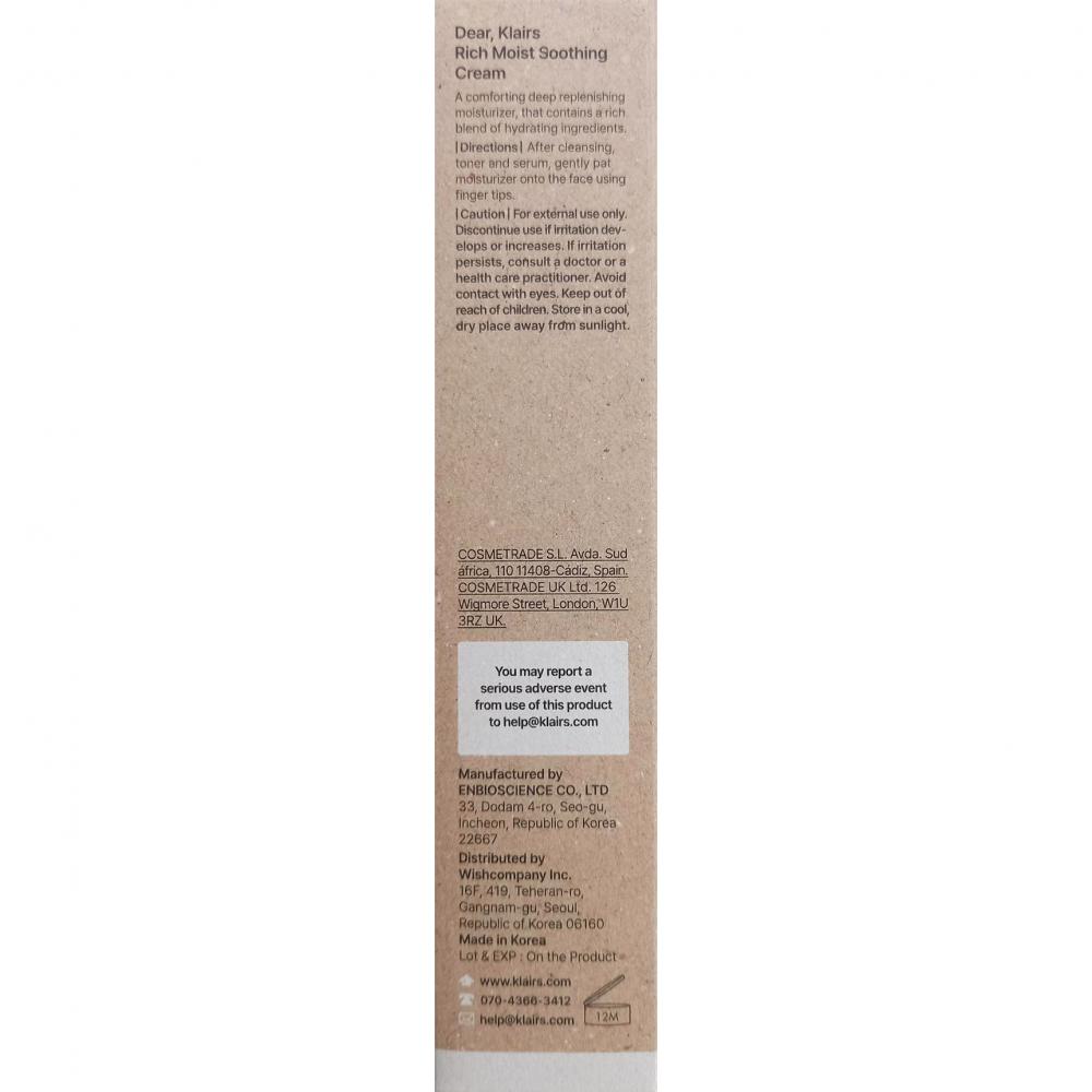 Dear Klairs Rich Moist Soothing Cream, 80 gr - crema de fata formulata cu beta glucan si uleiuri esentiale, care contribuie la hidratarea pielii si la metinerea confortului cutanat