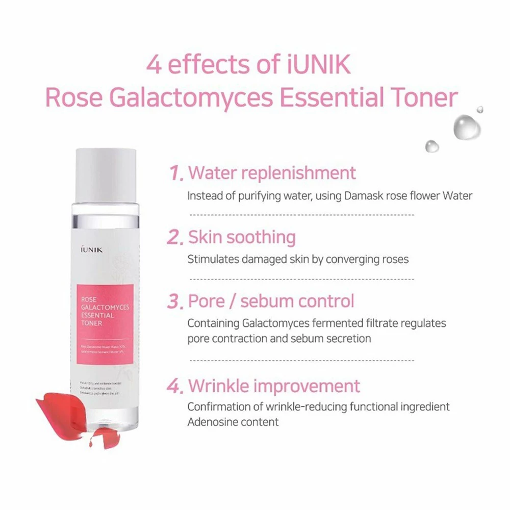 IUNIK Rose Galactomyces Toner Esential - Toner hidratant cu Apa de Trandafir si Galactomyces pentru calmare si control sebum, 200 ml
