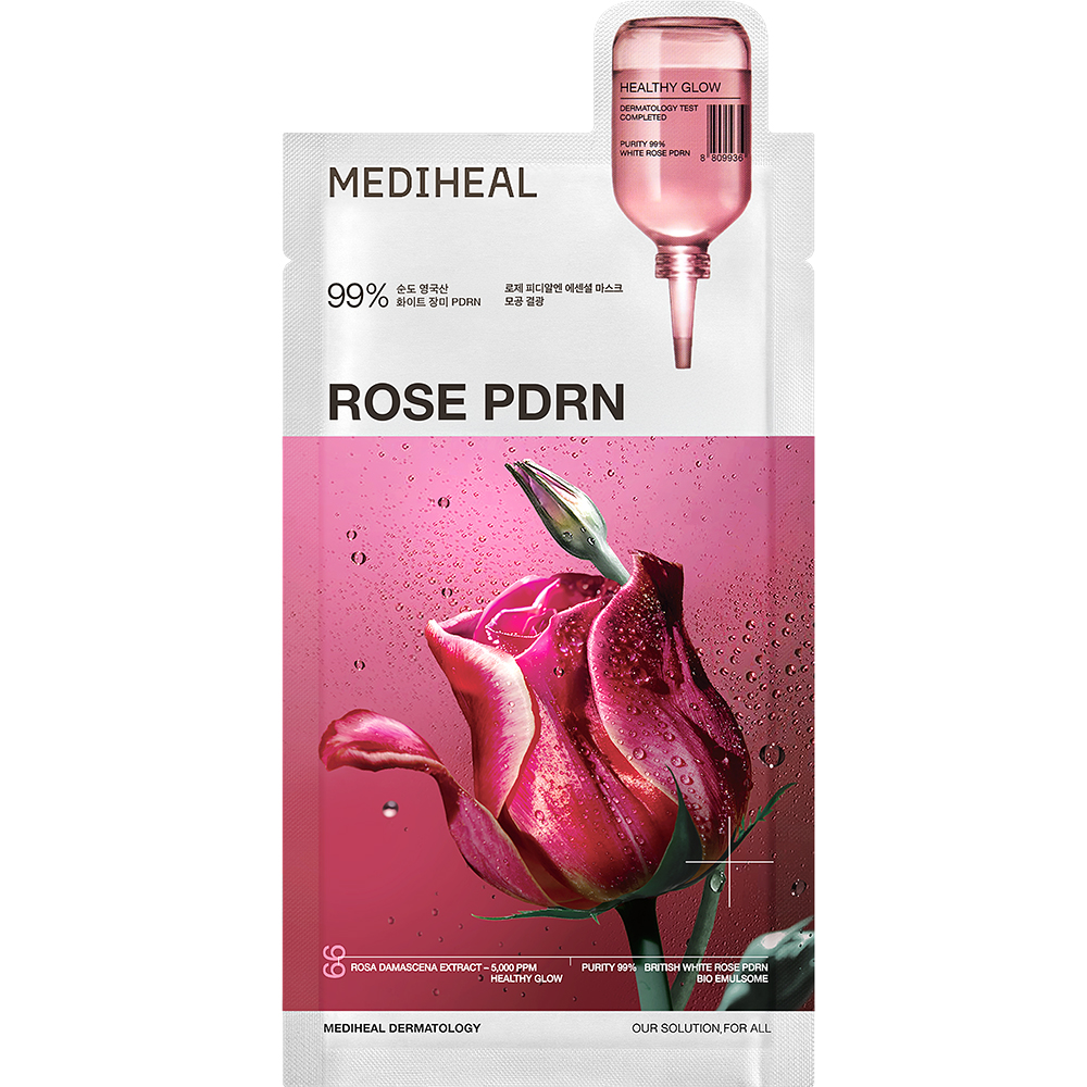 MEDIHEAL Rose PDRN Essential Sheet Mask Healthy Glow - masca de fata tip servetel formulata cu PDRN vegetal derivat din trandafir si extract de trandafir, care contribuie la hidratarea pielii si la imbunatatirea aspectului texturii - 24 ml
