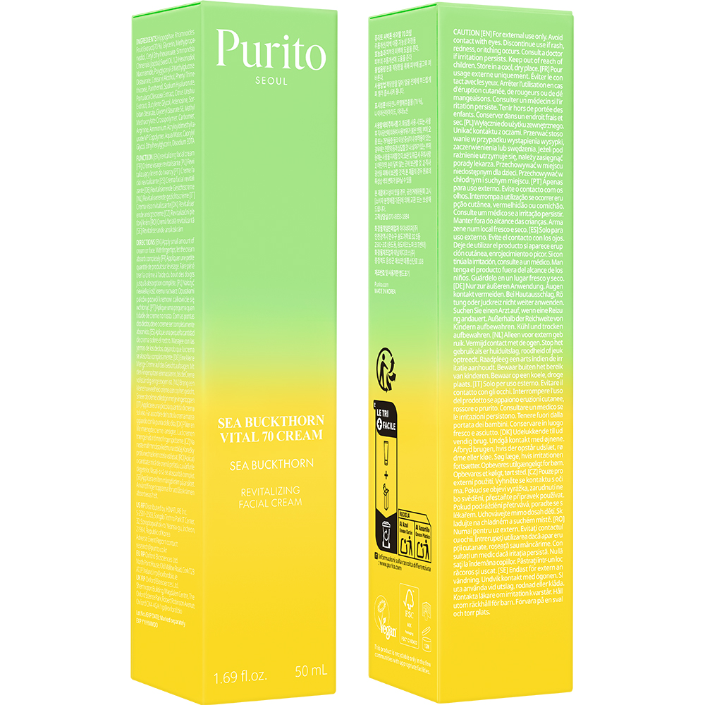 PURITO Sea Buckthorn Vital 70 - crema de fata formulata cu extract de catina si niacinamida, care contribuie la hidratarea pielii si la mentinerea confortului cutanat - 50 ml