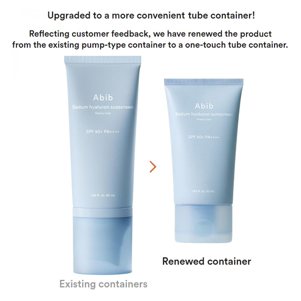 ABIB Sedum Hyaluron Sunscreen Watery Tube SPF 50+ PA++++, 50 ml - crema de fata formulata cu filtre UV avansate SPF50+ PA++++ si acid hialuronic, care contribuie la protectia impotriva razelor UVA si UVB si la metinerea pielii hidratate, Daily