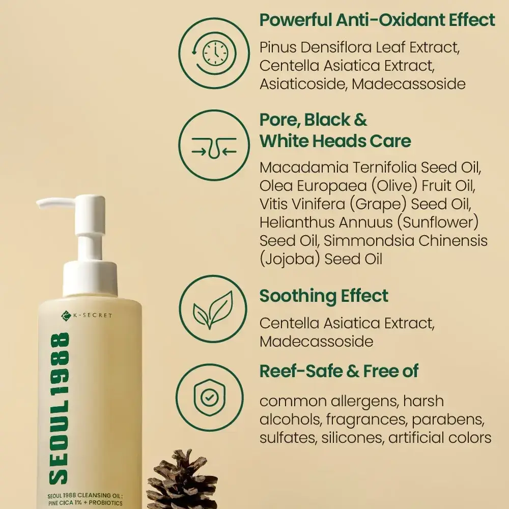 KSECRET Seoul 1988 Ulei de Curatare cu Centella si Probiotice Pine Cica 1% - Curatare Profunda, Anti-Acnee si Calmare, 200 ml