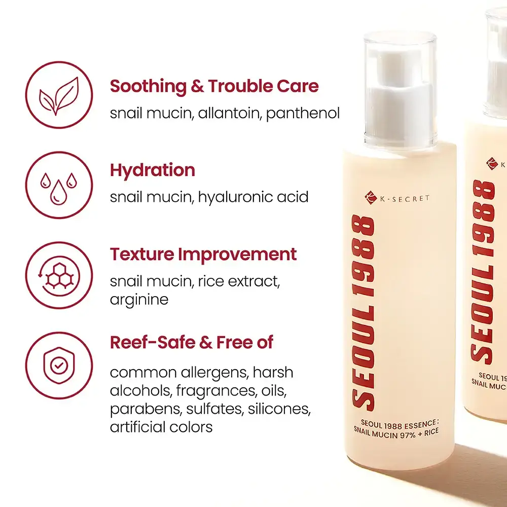 KSECRET Seoul 1988 Esenta Faciala cu Mucina de Melc si Orez - Hidratare si Calmare Intensiva, 100 ml