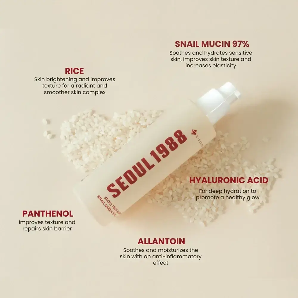 KSECRET Seoul 1988 Esenta Faciala cu Mucina de Melc si Orez - Hidratare si Calmare Intensiva, 100 ml