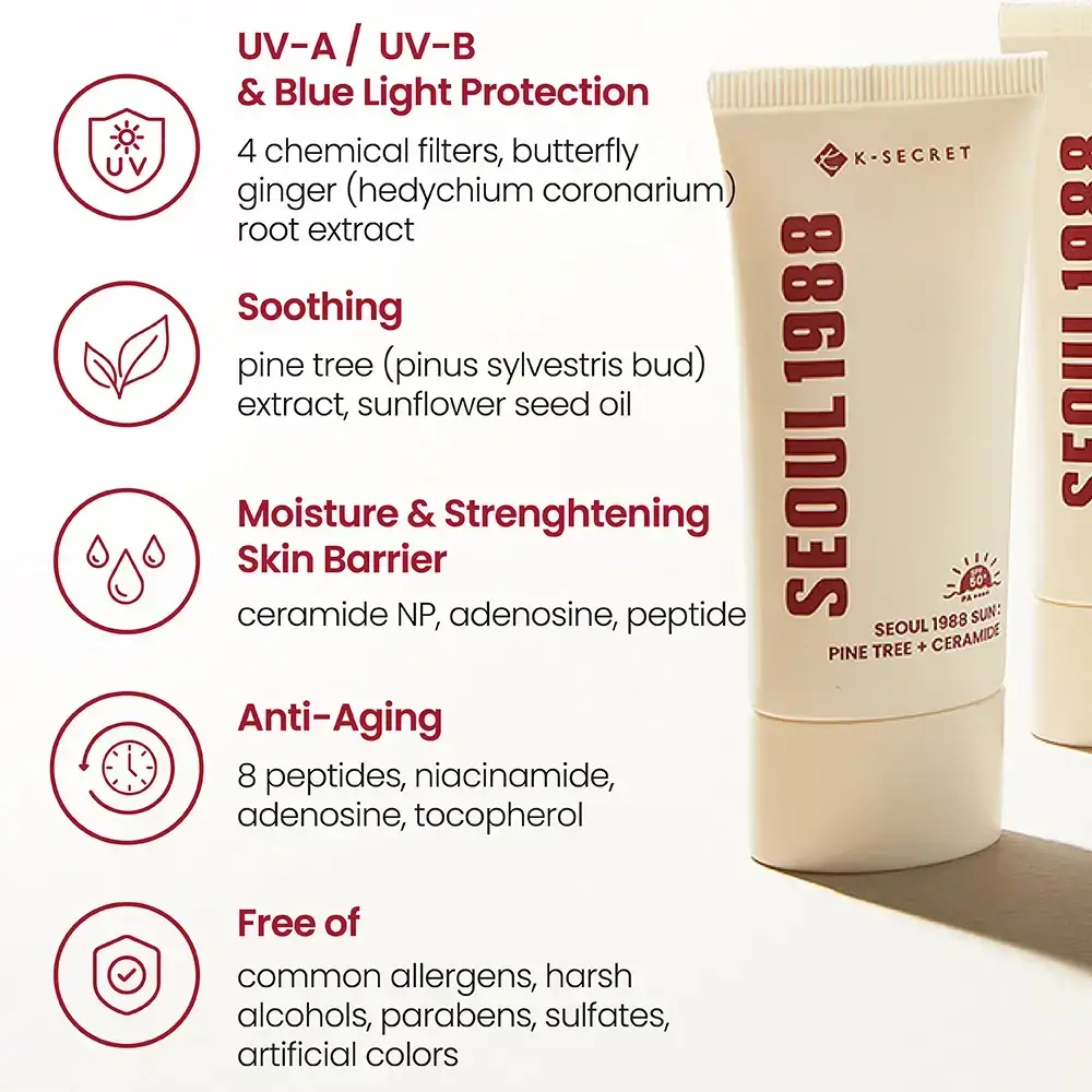 KSECRET Seoul 1988 Crema de Protectie Solara Pine Tree si Ceramide SPF50+ - Hidratare Reparatorie si Protectie UV, 50 ml