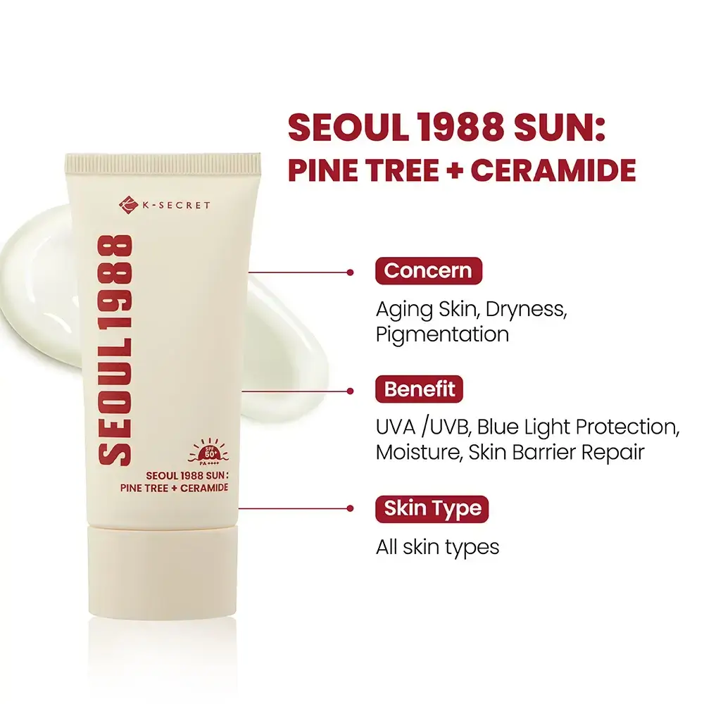 KSECRET Seoul 1988 Crema de Protectie Solara Pine Tree si Ceramide SPF50+ - Hidratare Reparatorie si Protectie UV, 50 ml