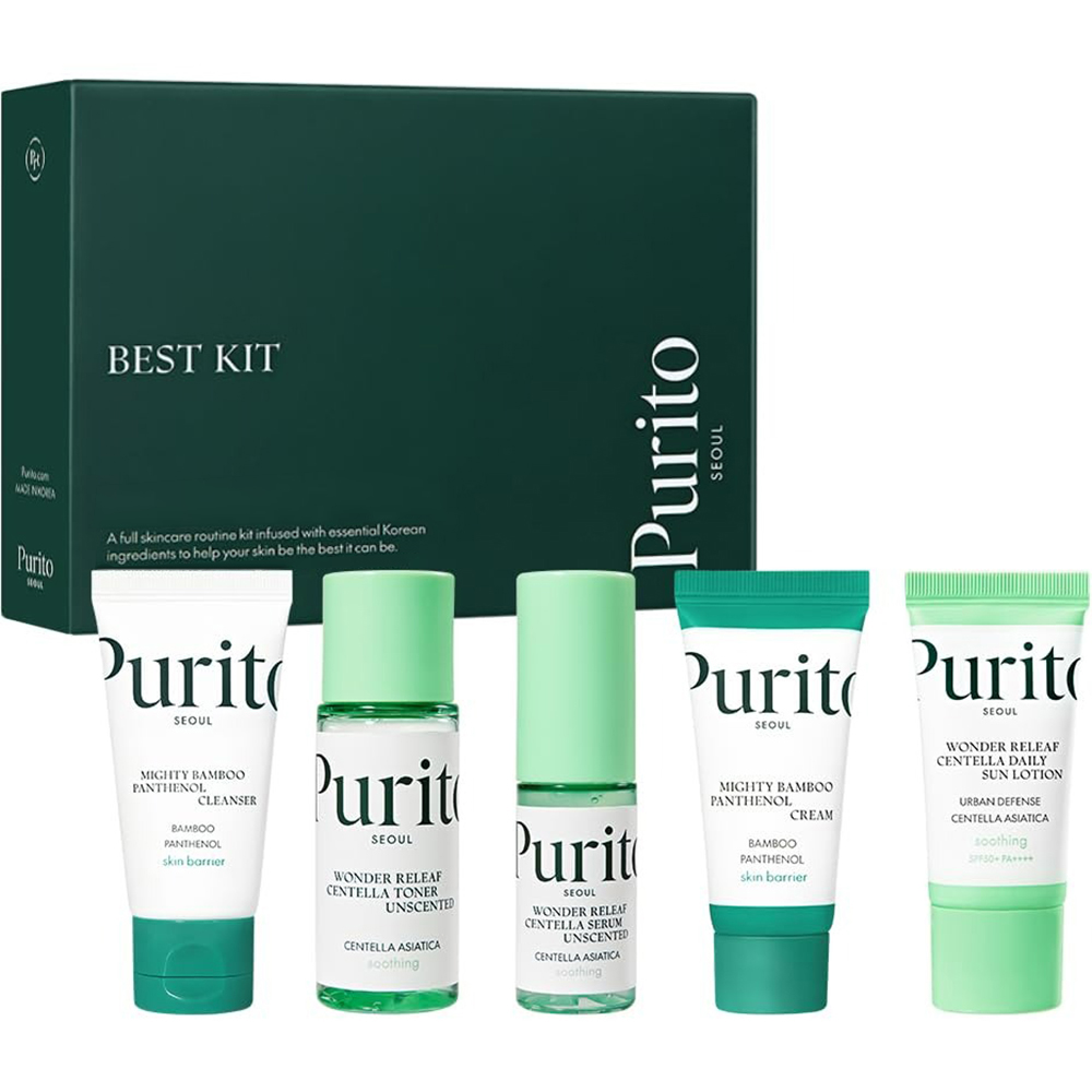 PURITO Seoul Best Kit - set mini size formulat cu Pantenol si Centella Asiatica, care contribuie la calmarea pielii si la repararea barierei protective pielii