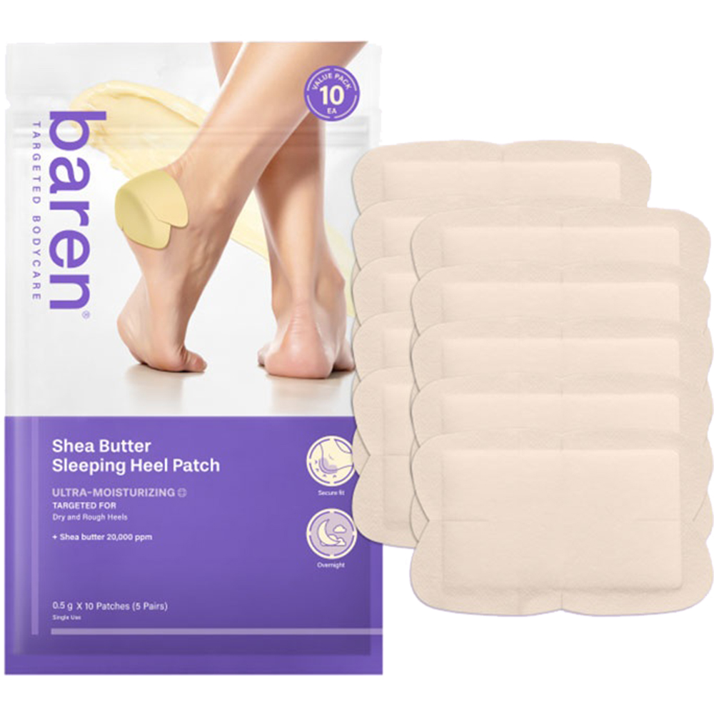 BAREN Shea Butter Sleeping Heel Patch, 10 buc - benzi pentru talpi formulate cu shea butter si uree, care contribuie la hidratarea intensa a calcaielor uscate, aspre si cu tendinta de crapare, in timpul noptii si la mentinerea hidratarii