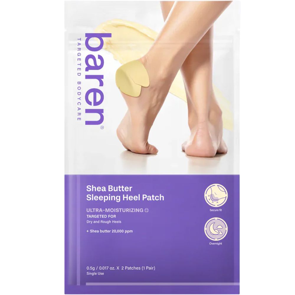 BAREN Shea Butter Sleeping Heel Patch, 2 buc - benzi pentru talpi formulate cu shea butter si acid hialuronic, care contribuie la hidratarea calcaielor uscate si la mentinerea confortului pielii pe timpul noptii