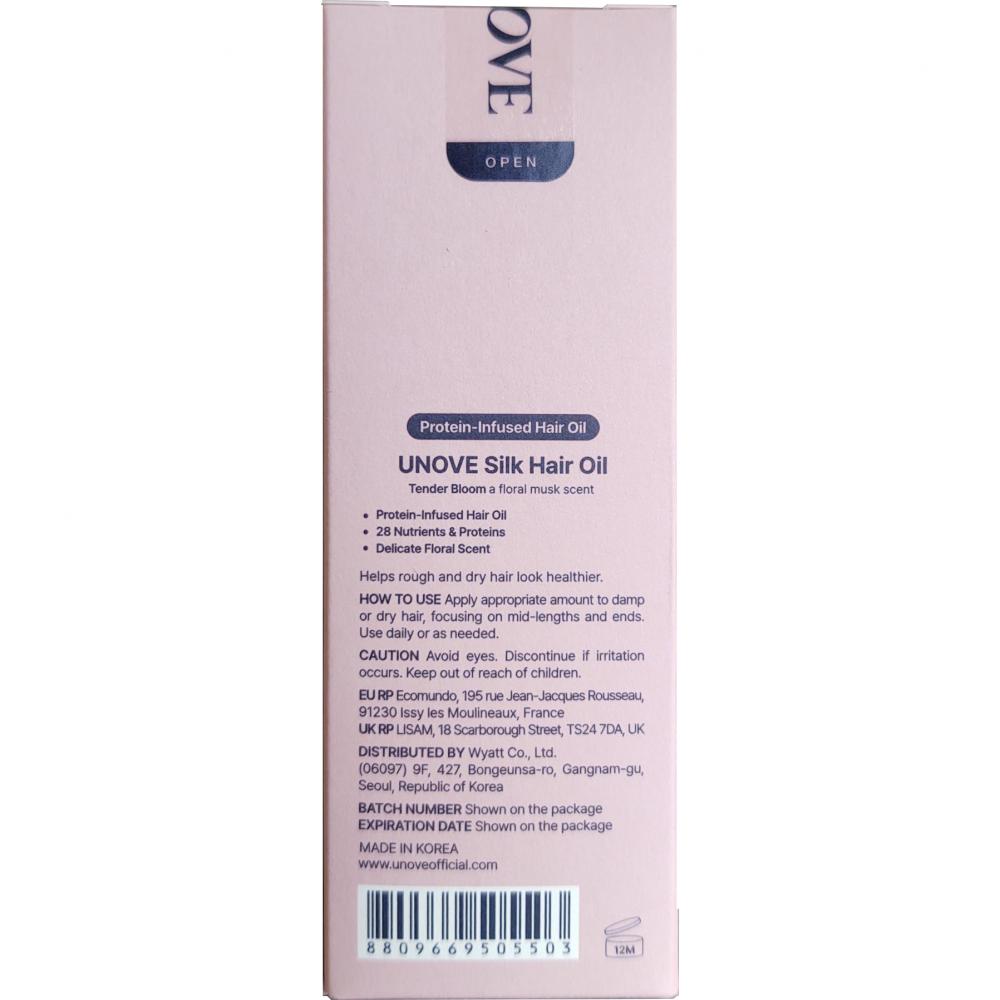 UNOVE Silk Hair Oil Tender Bloom - ulei de par formulat cu ulei de argan si complex de matase, care contribuie la hidratarea parului si la mentinerea aspectului matasos fara incarcare - 70 ml
