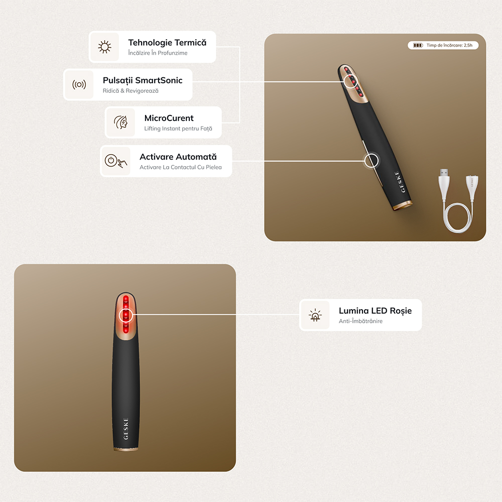 GESKE SmartAppGuided Skin Firming Wand 7 in 1 - dispozitiv de lifting facial cu micro-curent si lumina rosie, care contribuie la ingrijirea pielii - Black
