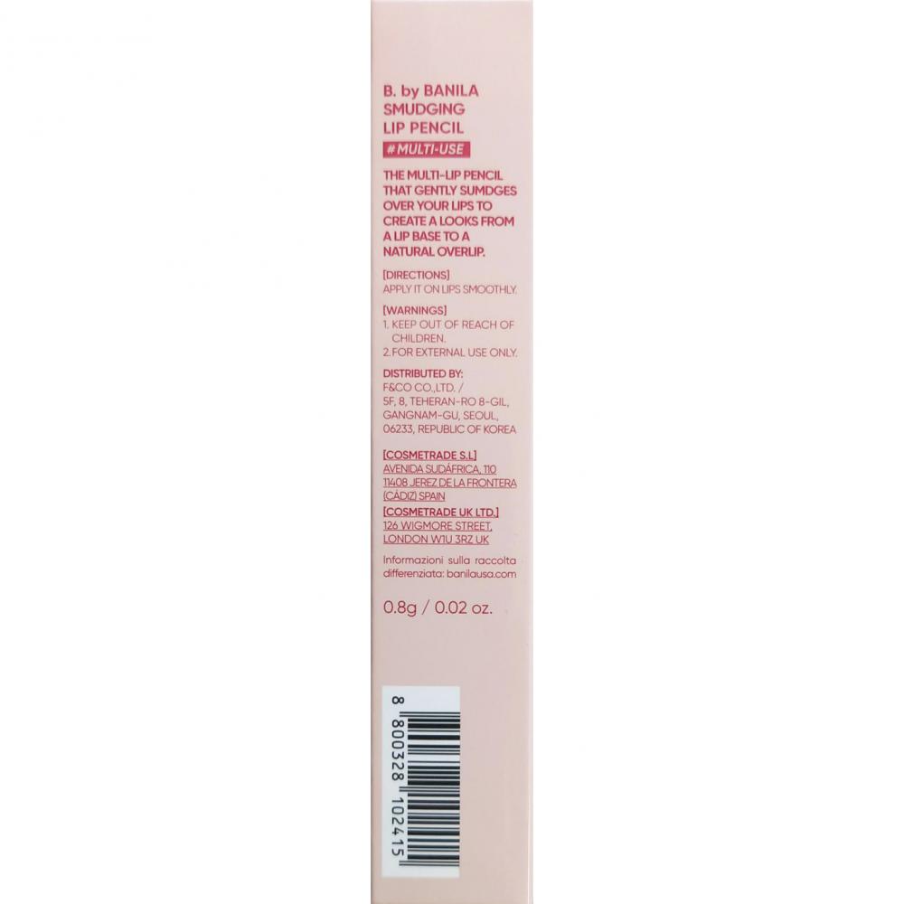 BANILA CO Smudging Lip Pencil, CR01 Coral Chou - Creion contur buze formulat cu silica si mica, care contribuie la uniformizarea vizuala a liniilor buzelor si la obtinerea unui aspect catifelat