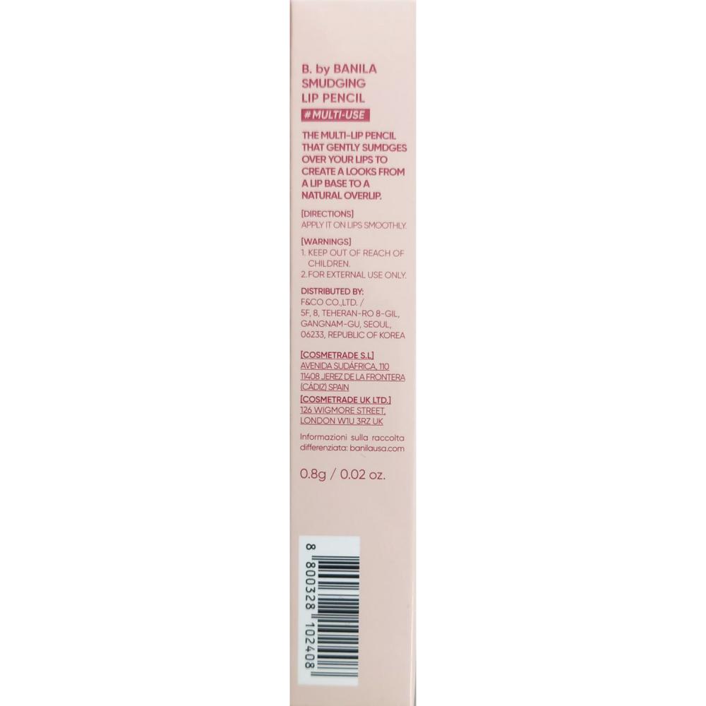 BANILA CO Smudging Lip Pencil, PK02 Pink Chou - Creion contur buze formulat cu silica si mica, care contribuie la conturarea, definirea si colorarea buzelor pentru un finisaj mat si usor difuz si la metinerea confortului pe buze