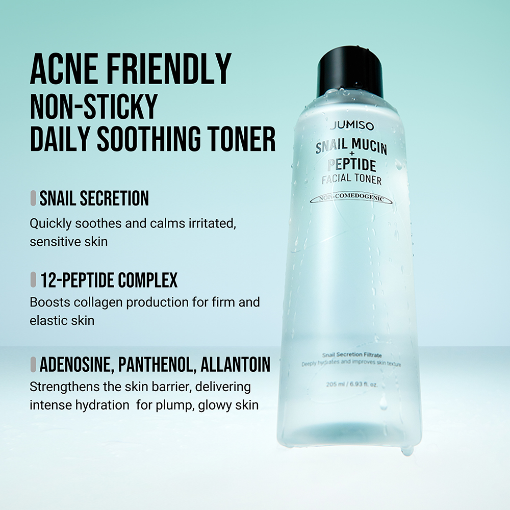 JUMISO Snail Mucin + Peptide Facial Toner, 205 ml - Toner de fata formulat cu filtrat de secretie de melc si gluconolactona, care contribuie la hidratarea, calmarea si echilibrarea pielii si la mentinerea nivelului optim de hidratare si a echilibrului pielii dupa curatare