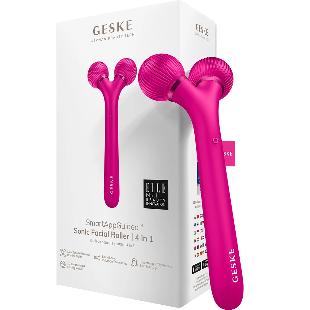 GESKE Sonic Facial Roller 4 in 1 – Dispozitiv Sonic Profesional pentru Tonifierea Feței, Magenta | German Beauty Tech