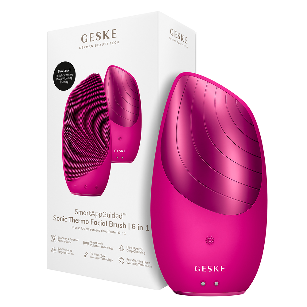 GESKE Sonic Thermo Facial Brush 6 in 1 - Aparat Sonic Pentru Curatarea Tenului cu silicon ultra moale, pentru curatarea impuritatilor si pregatirea pielii pentru absorbtia serurilor si cremelor - Magenta