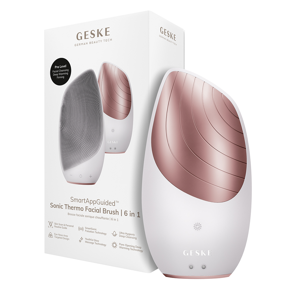 GESKE Sonic Thermo Facial Brush 6 in 1 - Aparat Sonic Pentru Curatarea Tenului cu silicon ultra moale, care contribuie la curatarea tenului si la pregatirea pielii pentru o mai buna absorbtie a serurilor si cremelor - Starlight