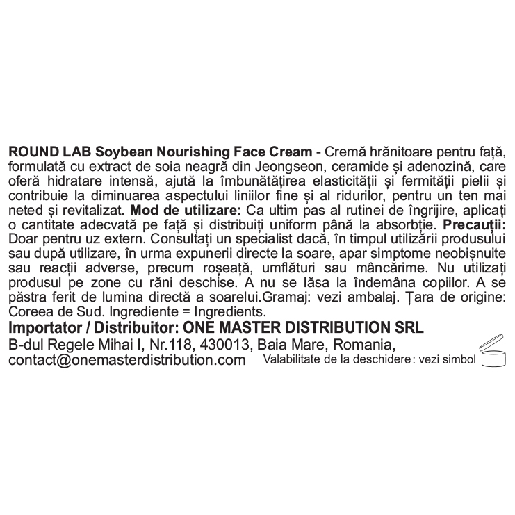 ROUND LAB Soybean Nourishing Cream, , 80 ml - crema de fata formulata cu Ceramide NP si Pantenol, care contribuie la hranirea si hidratarea in profunzime a pielii mature, la imbunatatirea texturii, la reducerea aspectului ridurilor si al altor imperfectiuni si la intarirea barierei naturale de retinere a umiditatii, care previne deshidratarea si reduce impactul iritantilor externi