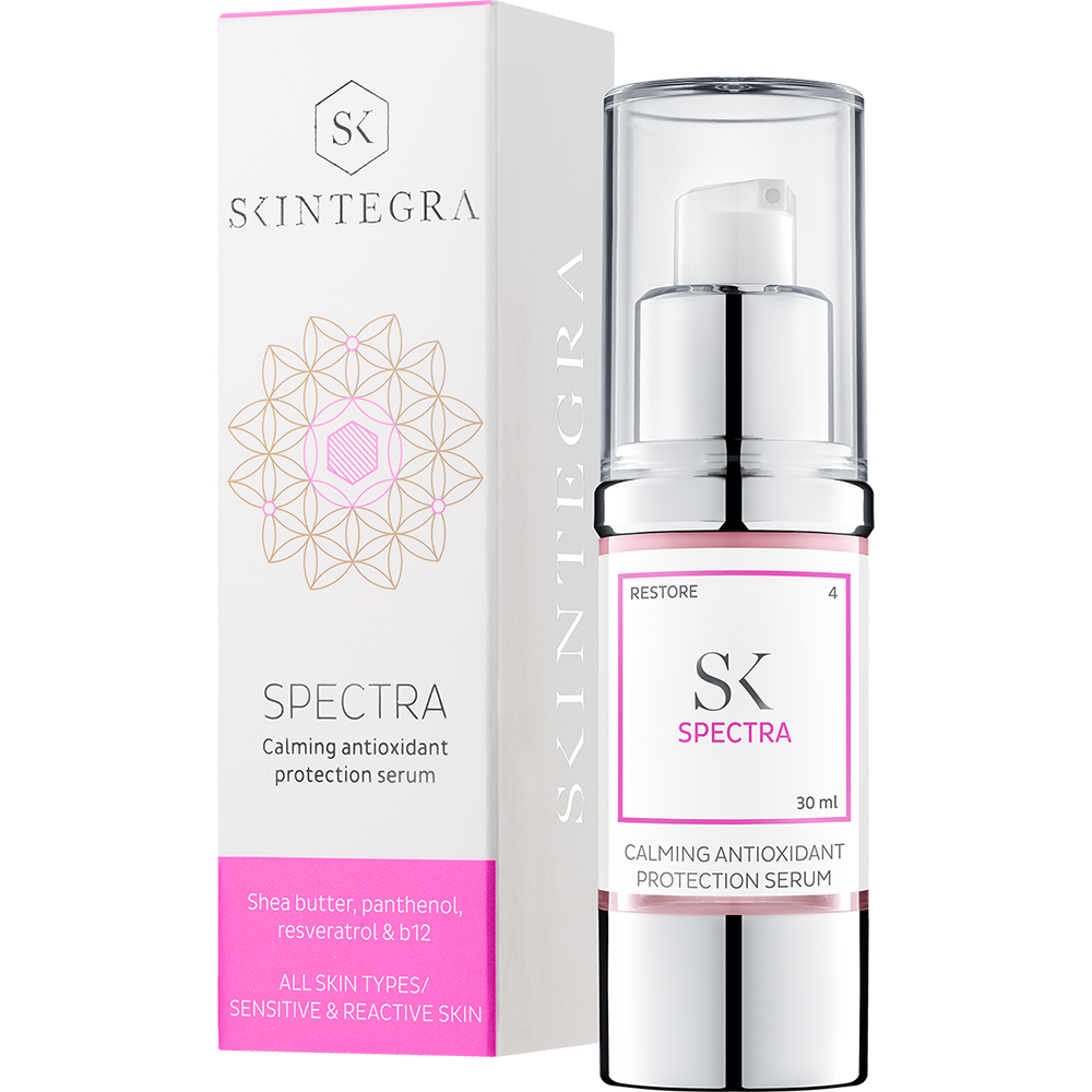 SKINTEGRA Spectra, 30 ml - Ser de fata formulat cu pantenol si resveratrol, care contribuie la sprijinul zilnic al pielii si la protectia antioxidanta usoara a pielii afectate, deteriorate, care prezinta iritatii, roseata si procese inflamatorii