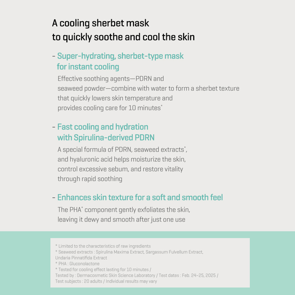 SOME BY MI Spirulina PDRN Soothing Sherbet Mask - masca de fata formulata cu spirulina si PHA, care contribuie la calmarea pielii incalzite si predispusa la roseata si la metinerea confortului cutanat - 1 gr x 10 buc