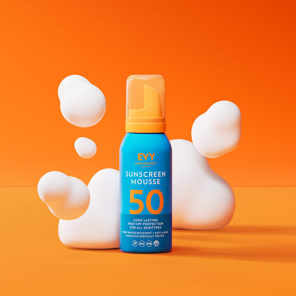 EVY TECHNOLOGY Sunscreen Mousse SPF 50, 100 ml - Crema de fata si corp formulata cu vitamina C si vitamina E, care contribuie la protectia solara UVA si UVB, Outdoor