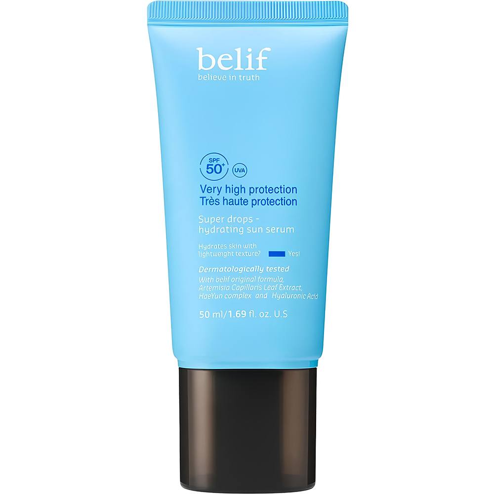 BELIF Super Drops Hydrating Sun Serum SPF 50+ - crema de fata formulata cu acid hialuronic si pantenol, care contribuie la hidratarea pielii si la mentinerea confortului cutanat - 50 ml