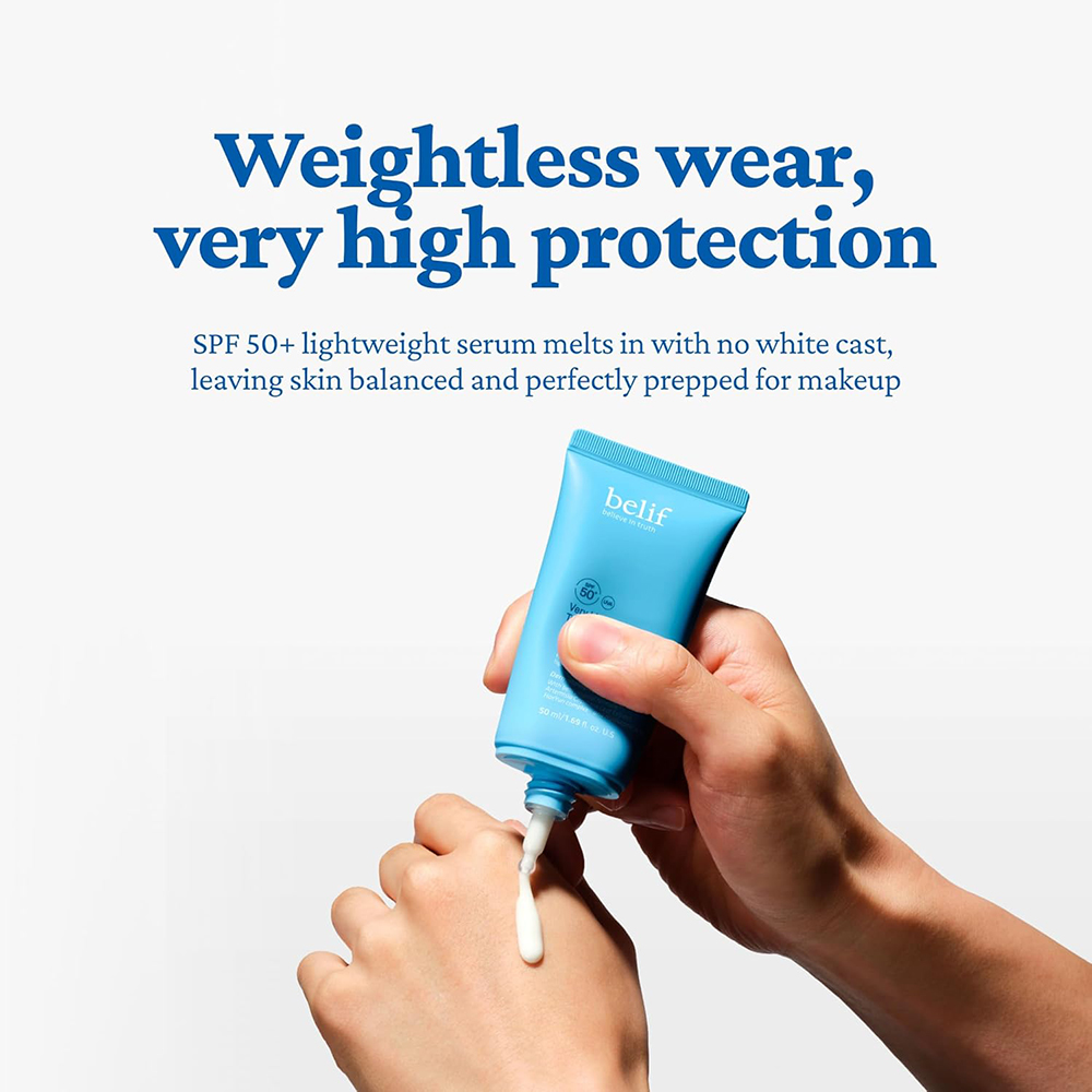 BELIF Super Drops Hydrating Sun Serum SPF 50+ - crema de fata formulata cu acid hialuronic si pantenol, care contribuie la hidratarea pielii si la mentinerea confortului cutanat - 50 ml