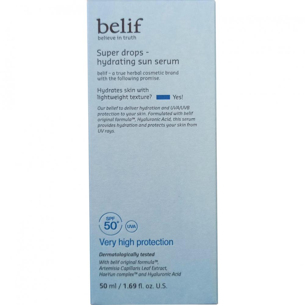 BELIF Super Drops Hydrating Sun Serum SPF 50+ - crema de fata formulata cu acid hialuronic si pantenol, care contribuie la hidratarea pielii si la mentinerea confortului cutanat - 50 ml