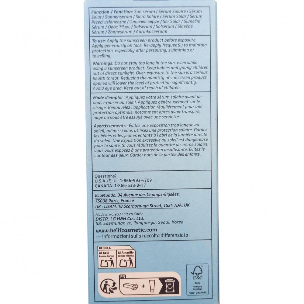 BELIF Super Drops Hydrating Sun Serum SPF 50+ - crema de fata formulata cu acid hialuronic si pantenol, care contribuie la hidratarea pielii si la mentinerea confortului cutanat - 50 ml