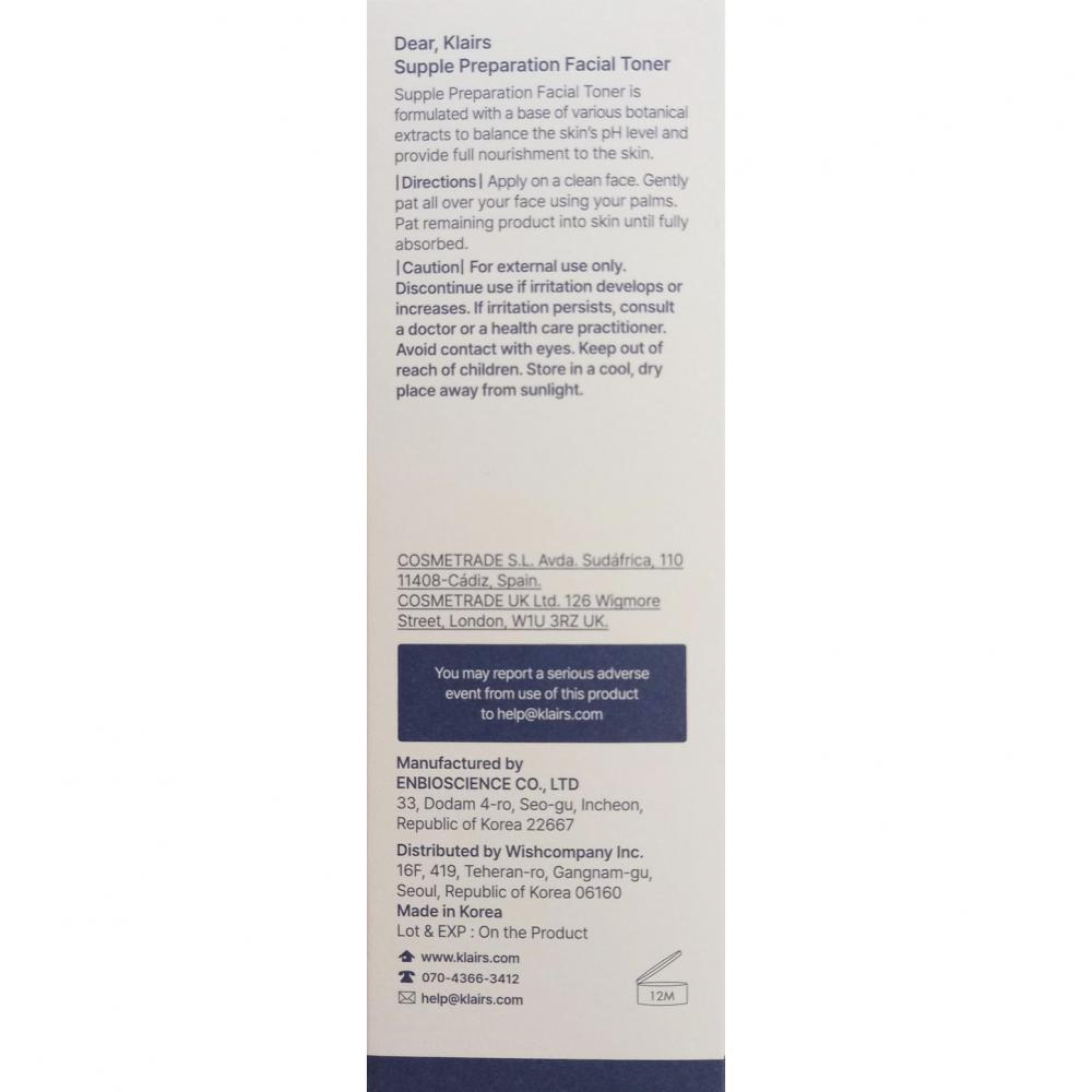 Dear Klairs Supple Preparation Toner Toner pentru fata - Hidratare si calmare intensa, 180 ml