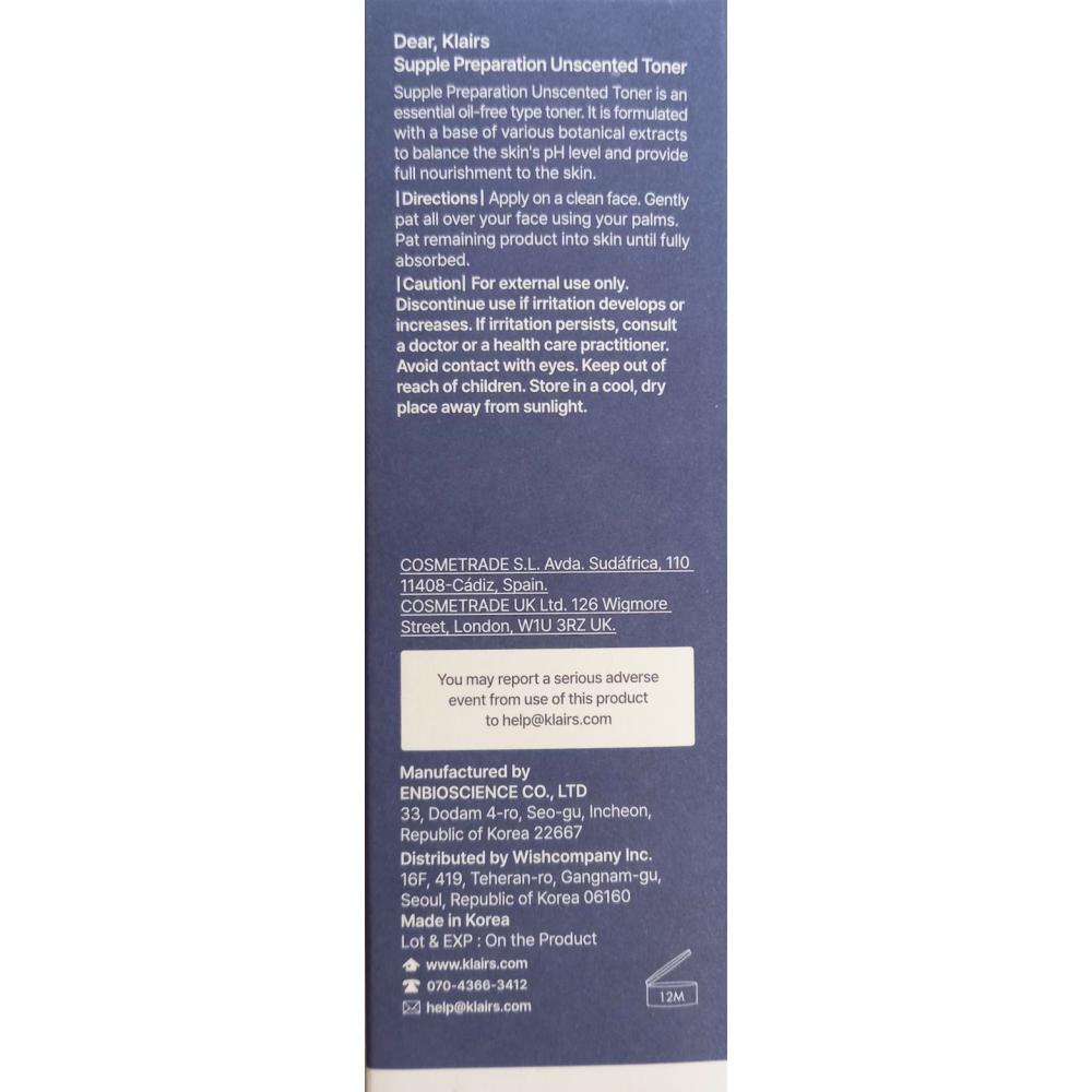 Dear Klairs Supple Preparation Toner facial fara parfum - Toner hidratant calmant cu acid hialuronic si Centella Asiatica, 180 ml