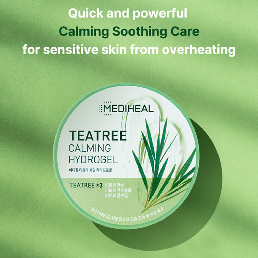 MEDIHEAL Tea Tree Calming Hydrogel - hidrogel formulat cu extract din frunze de arbore de ceai si apa din frunze de arbore de ceai, care contribuie la calmarea pielii iritate si la metinerea senzatiei de confort - 300 gr