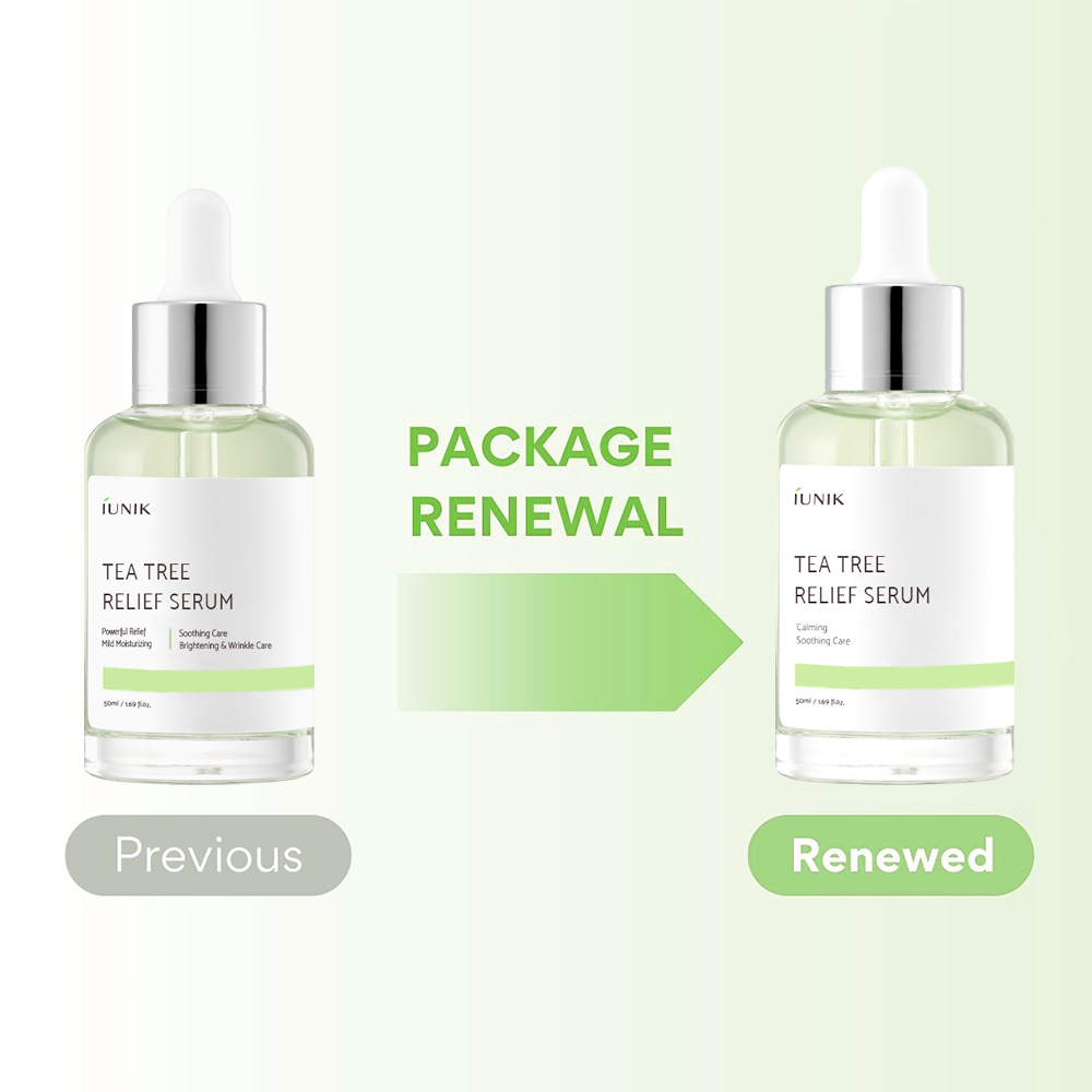 IUNIK Tea Tree Relief Serum - ser de fata formulat cu extract de apa din frunze de arbore de ceai si extract de Centella Asiatica, care contribuie la calmarea pielii sensibile si la mentinerea unui ton clar si curat al pielii - 50 ml